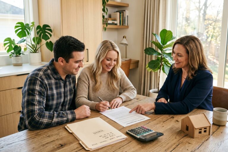 Homebuyer reviewing assumable mortgage rates with a lender at a desk