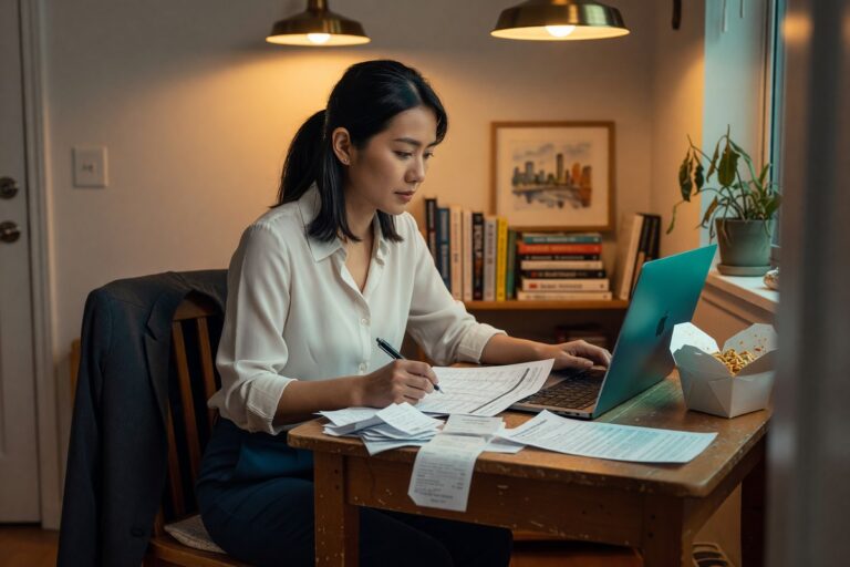 New graduate reviewing budget on laptop at desk during first year of work
