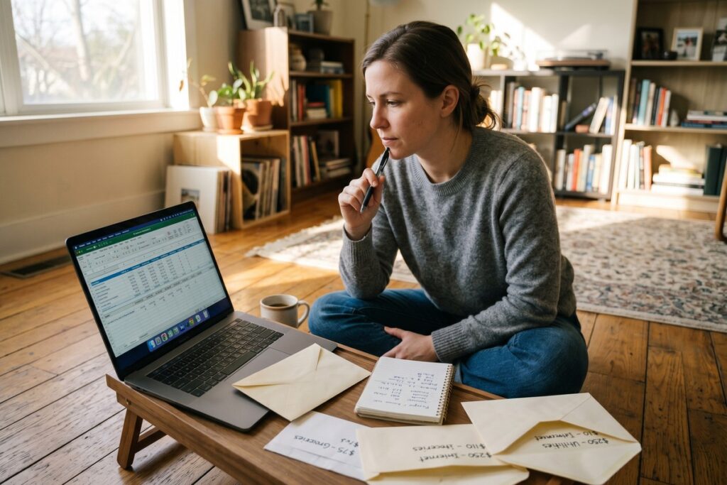 Freelancer reviewing a debt payoff plan on a laptop with financial documents and a notebook on the desk