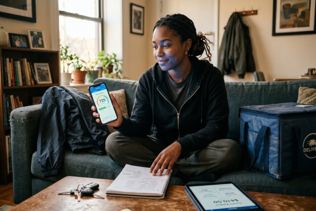 Gig worker using fintech tools on smartphone to build credit from scratch