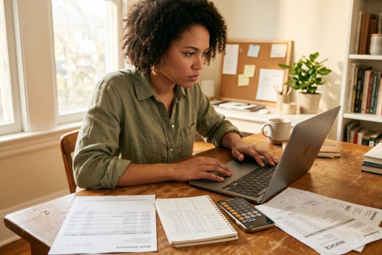 Freelancer reviewing high interest loan repayment plan on laptop with financial documents