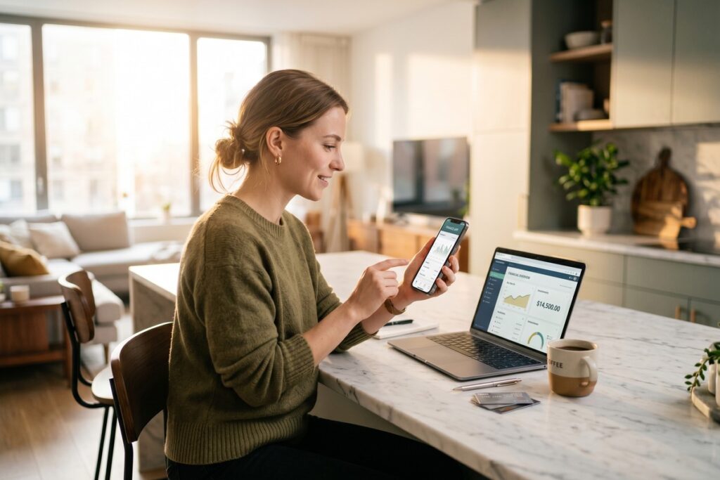Person using smartphone to access open banking financial products and services