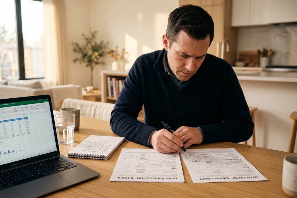 Borrower comparing loan interest rates on a laptop with financial documents