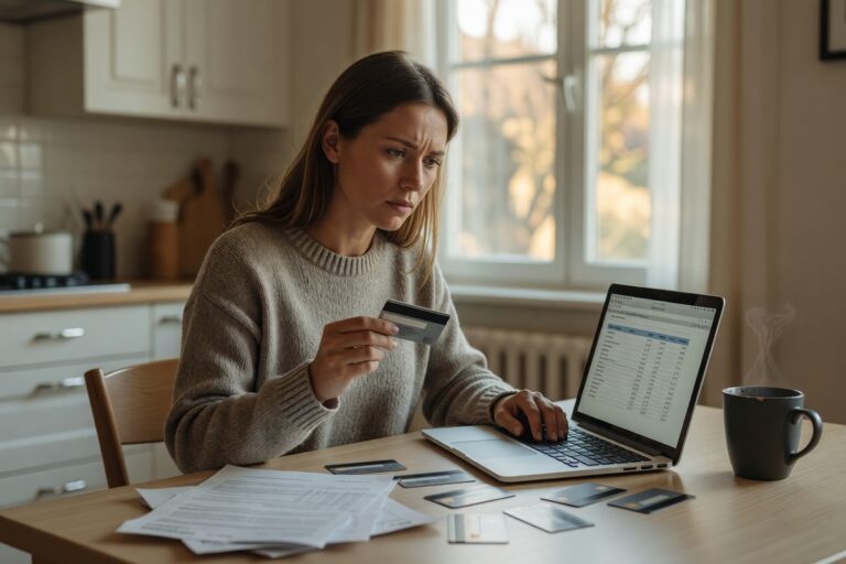 Person reviewing credit card statements while planning a debt payoff strategy