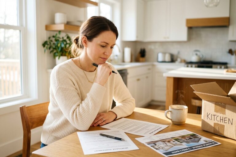 Divorced person reviewing mortgage rate documents while planning to buy a new home