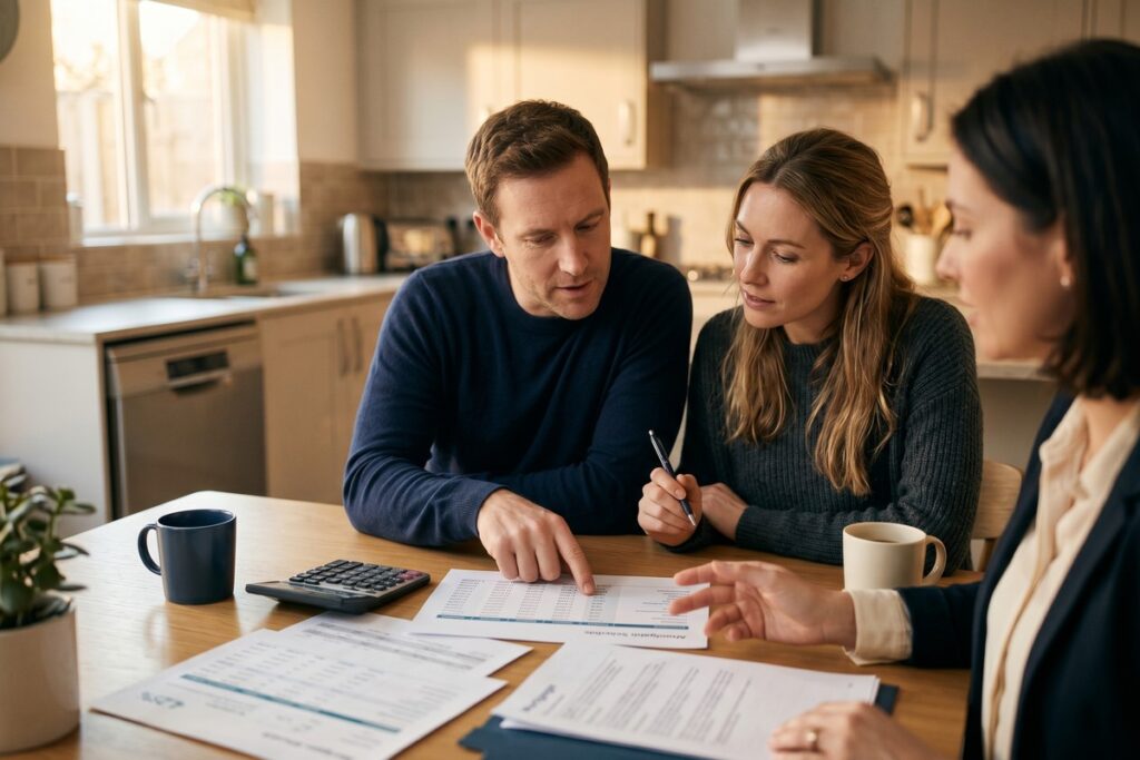 Homebuyer reviewing mortgage rate buydown points options with a lender at a desk