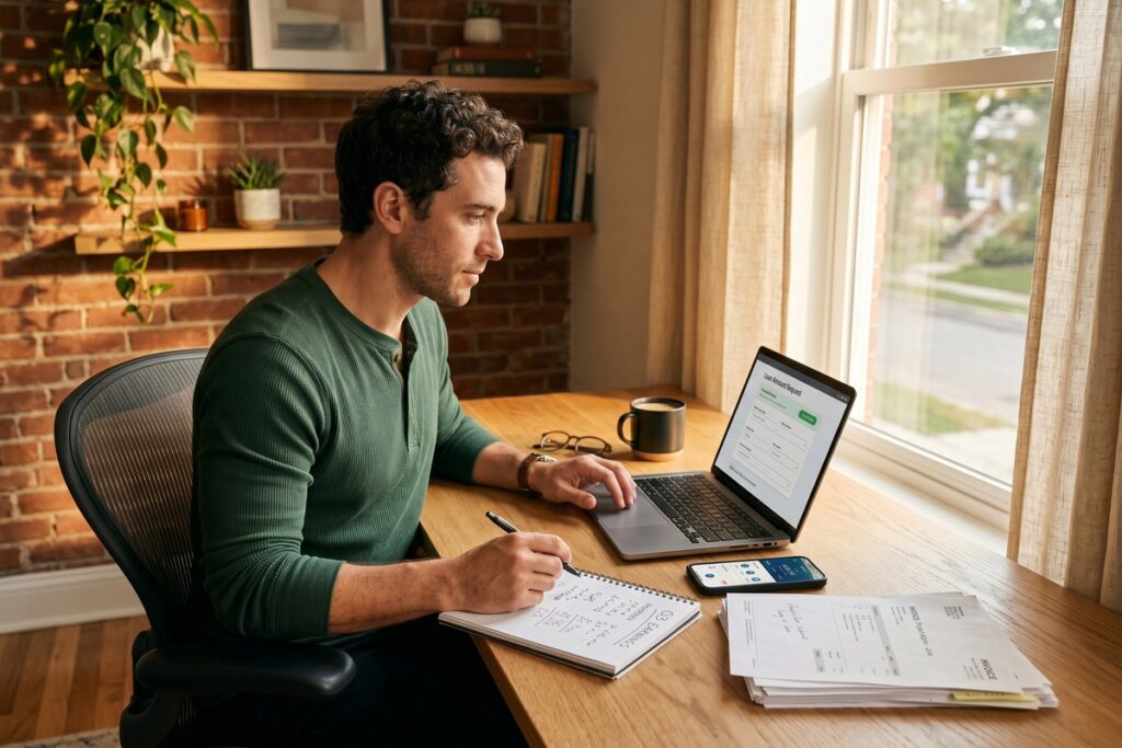 Freelancer applying for an online loan on a laptop without pay stubs