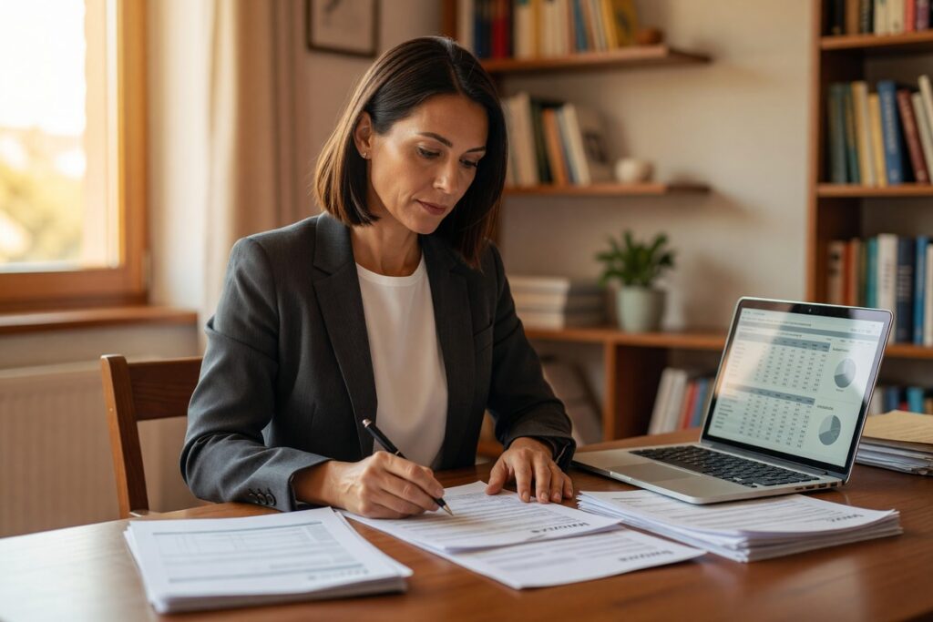 Self-employed borrower reviewing mortgage rate documents at a desk