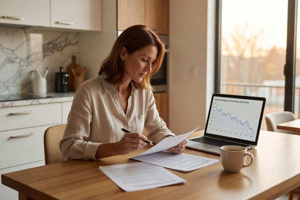 Homeowner reviewing mortgage documents deciding whether to refinance now or wait for lower rates