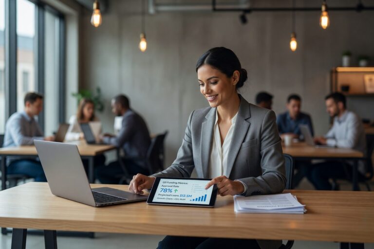 Fintech startup founder reviewing small business lending options on a digital dashboard in 2026