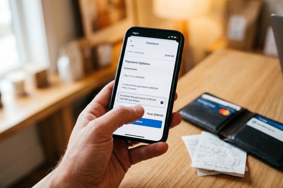 Consumer using embedded finance at a retail checkout, showing BNPL and instant loan options on screen