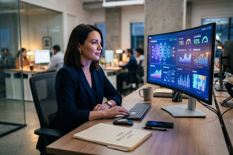 AI credit scoring fintech platform analyzing borrower data on a digital dashboard