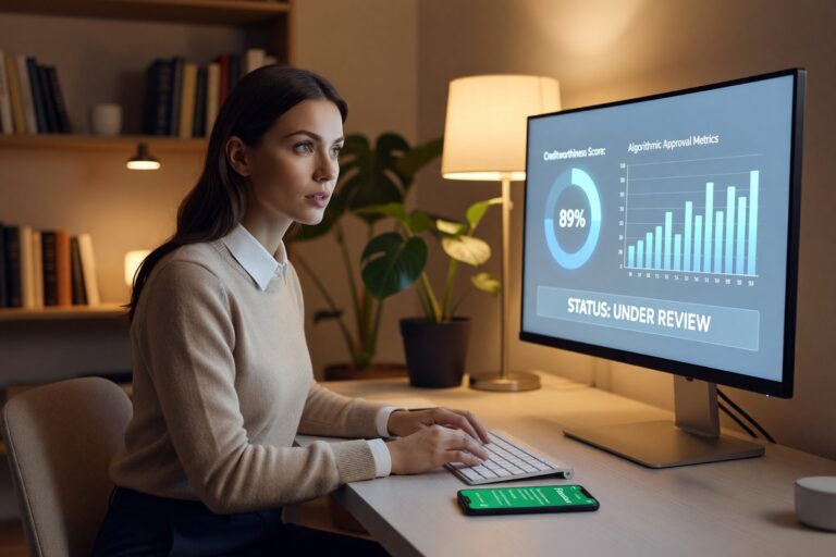 AI loan underwriting approval process shown on a digital lending dashboard with credit data analytics