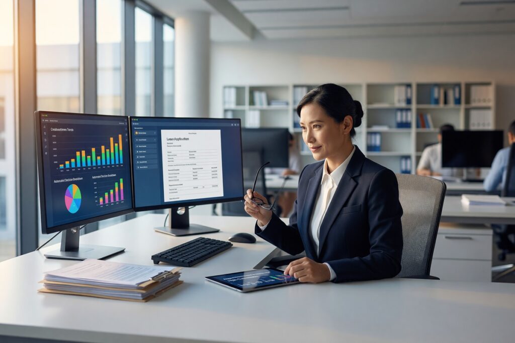 Side-by-side comparison of AI loan underwriting process versus traditional manual underwriting on a digital screen