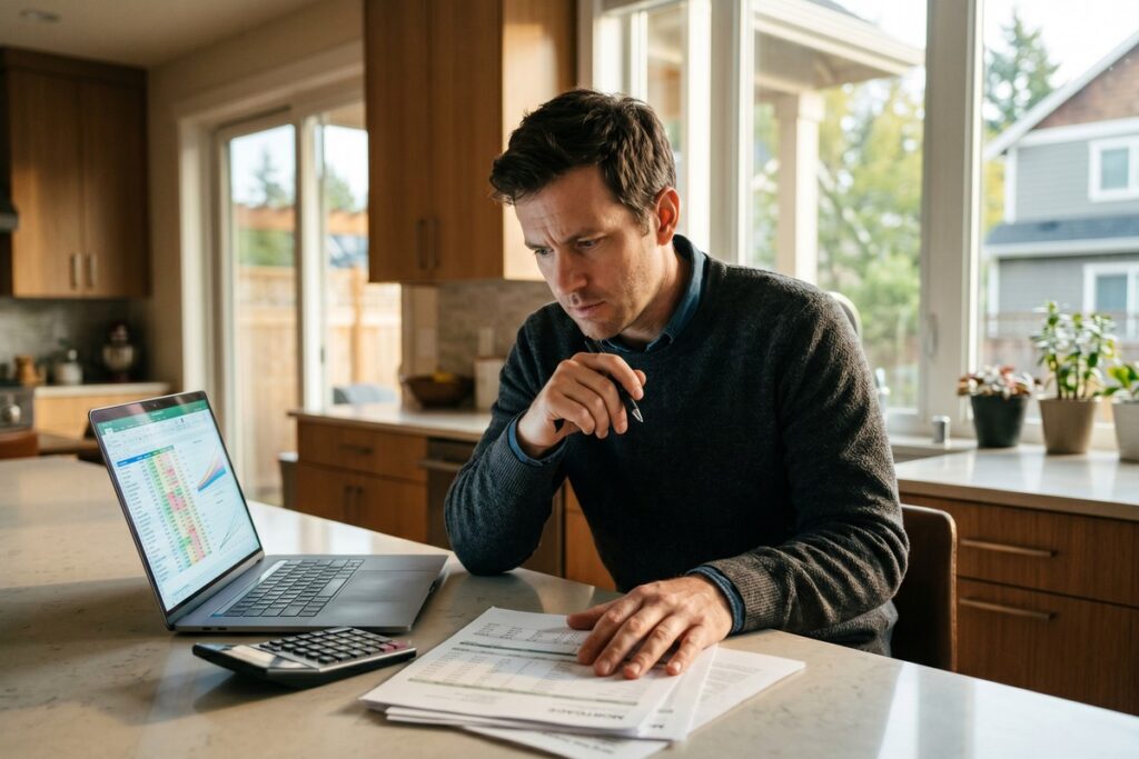 Stressed homeowner reviewing ARM rate reset shock documents at kitchen table with rising interest rate graph