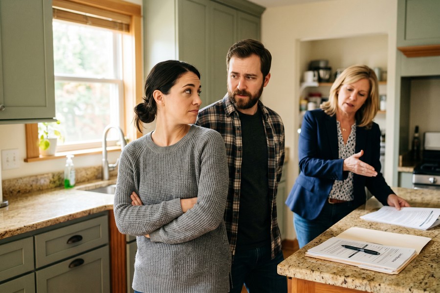 Real estate agent and buyer reviewing assumable mortgage documents at a closing table