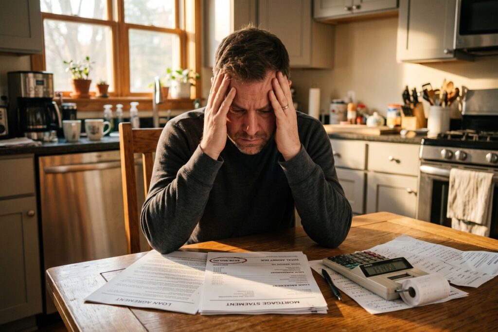 Borrower reviewing balloon mortgage rate risk documents at loan maturity