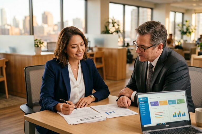 Borrower reviewing below average personal loan rate offer on laptop with financial documents