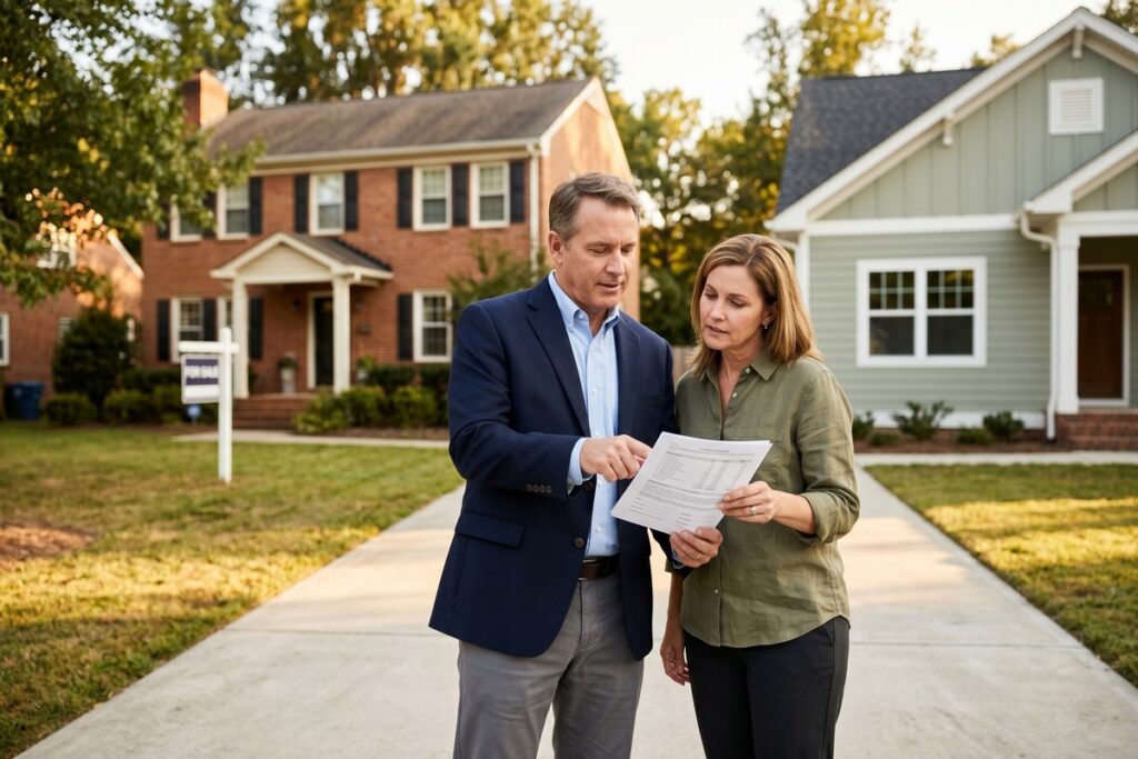 Homeowner reviewing bridge loan interest rates documents while transitioning between two properties