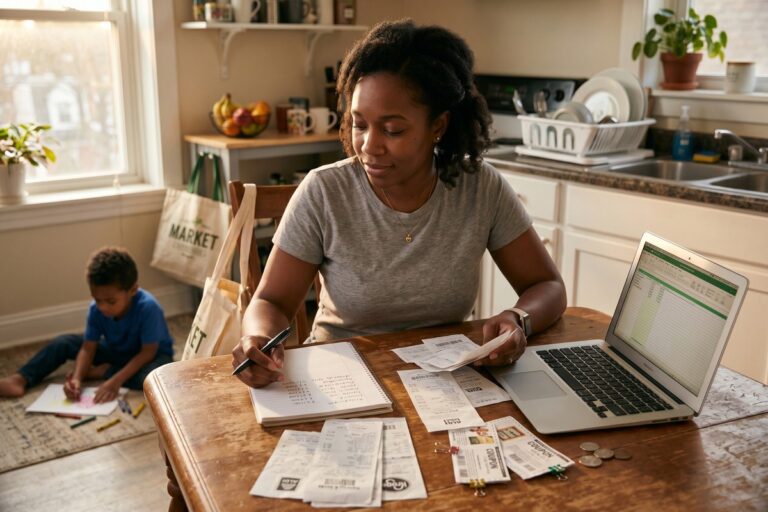 Single parent reviewing household budget and bills at kitchen table with child nearby