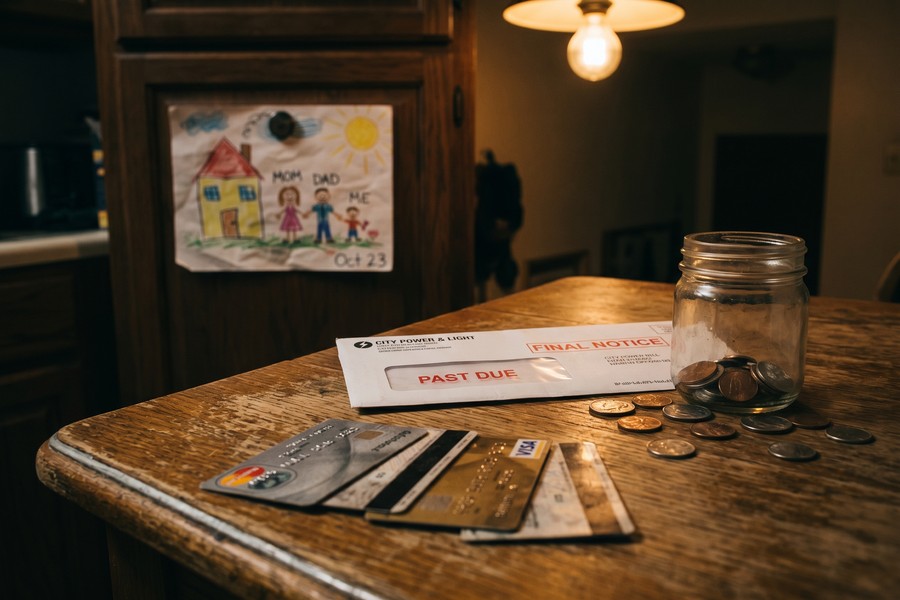 Single parent reviewing household budget spreadsheet at kitchen table with child nearby
