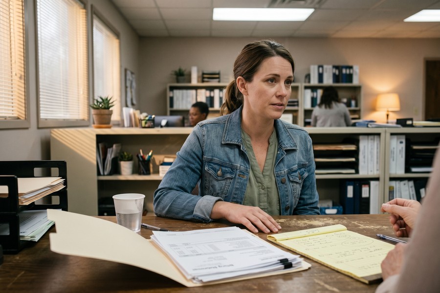 Single parent organizing bills and debt statements to create a payoff plan