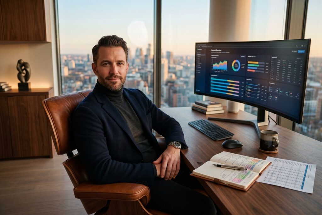 High earner reviewing advanced budgeting frameworks on laptop with financial charts