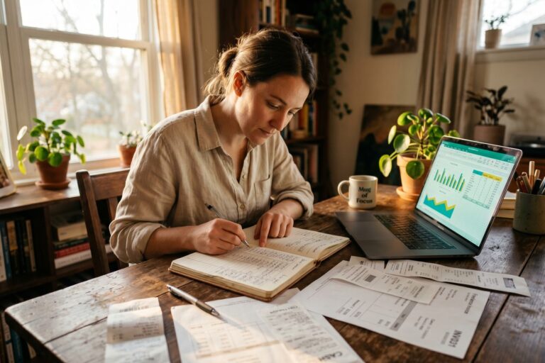 Person reviewing monthly budget spreadsheet to manage variable income fluctuations