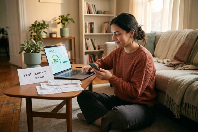 Renter reviewing credit score above 700 on laptop with no credit card or assets