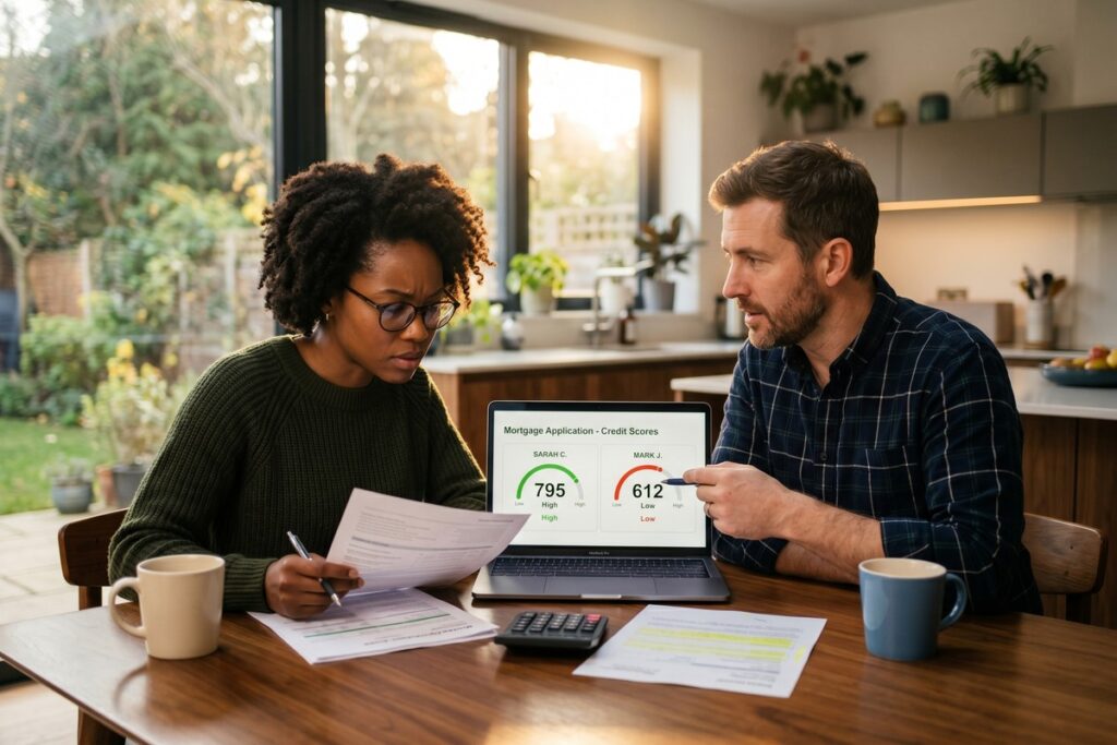 Two people reviewing a joint mortgage application with credit score reports and interest rate documents on a desk