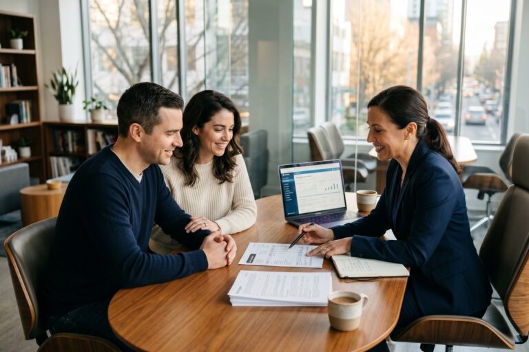 Couple reviewing co-borrower mortgage rate options with a lender