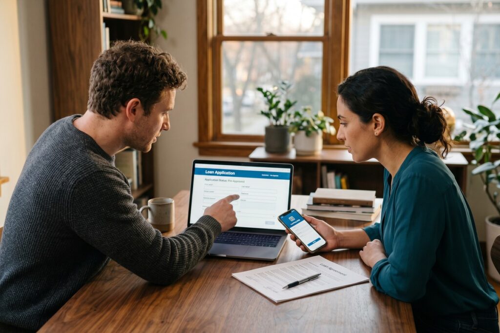 Two people reviewing a co-borrower digital loan platform application on a laptop