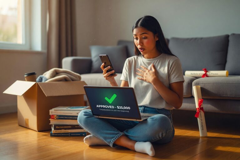 Recent college graduate approved for a $15,000 digital loan with no credit history on a laptop