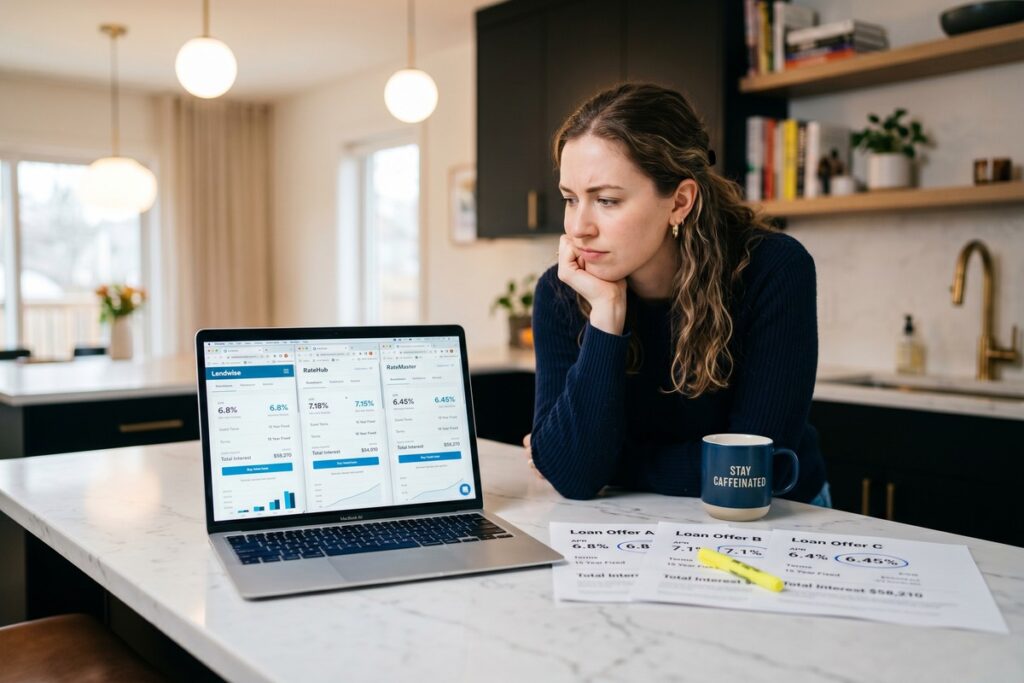 Borrower comparing APR rates across multiple digital lending platforms on a laptop