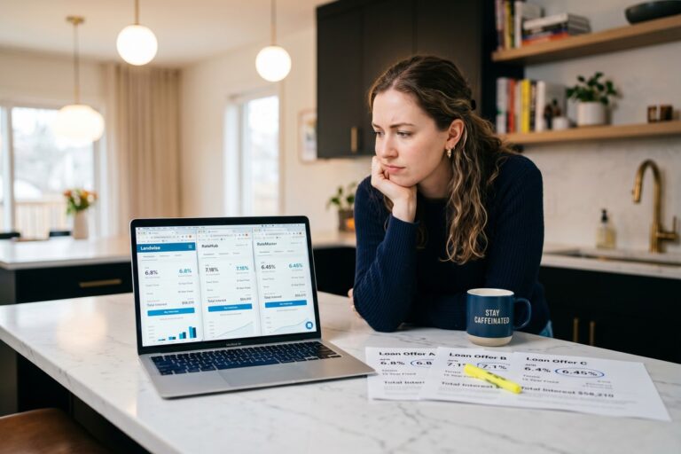Borrower comparing APR rates across multiple digital lending platforms on a laptop