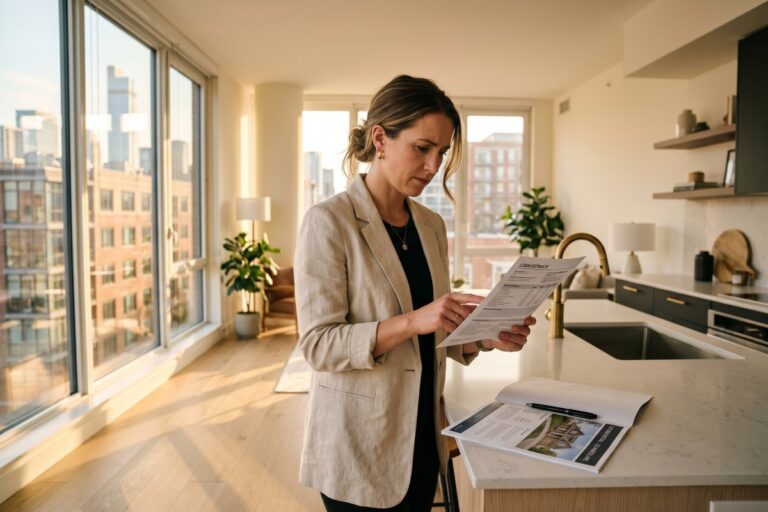 Condo buyer reviewing mortgage documents showing higher rate penalty compared to single-family home loan
