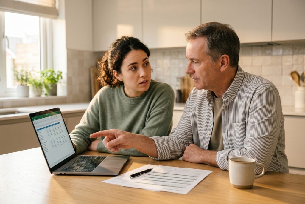 Cosigner and borrower reviewing personal loan interest rate documents together at a desk