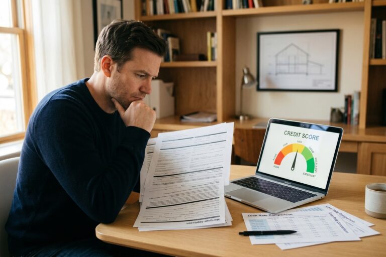 A credit score gauge next to a mortgage rate chart showing how score tiers affect loan interest rates
