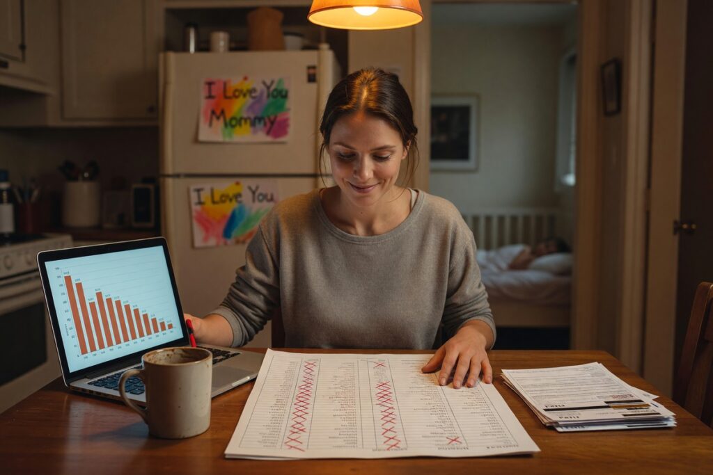 Single parent reviewing debt avalanche strategy budget plan at kitchen table with bills and laptop