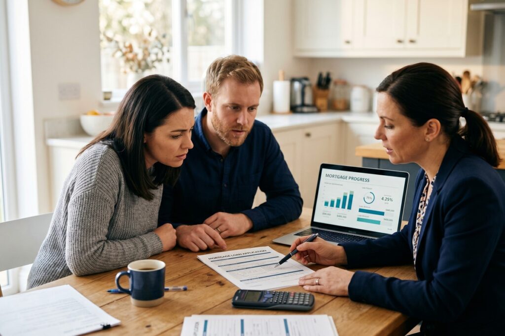 Homebuyer reviewing debt-to-income ratio and mortgage rate documents with a lender