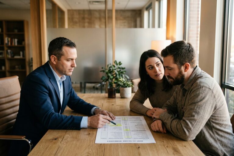 Lender reviewing debt to income ratio lending documents at a desk with financial charts