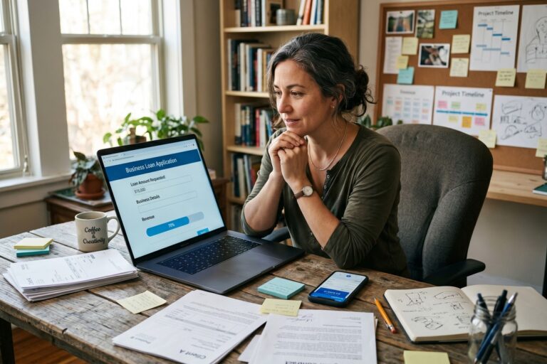 Freelance gig worker reviewing digital loan options on a laptop during a gap between contracts