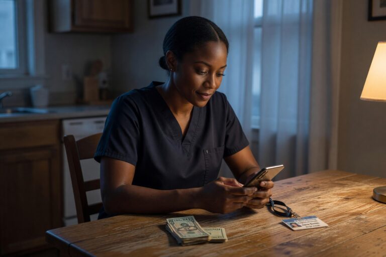 Nurse reviewing digital lending options on a smartphone between hospital shifts