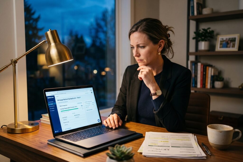 Borrower reviewing digital lending refinancing cost breakdown on a laptop