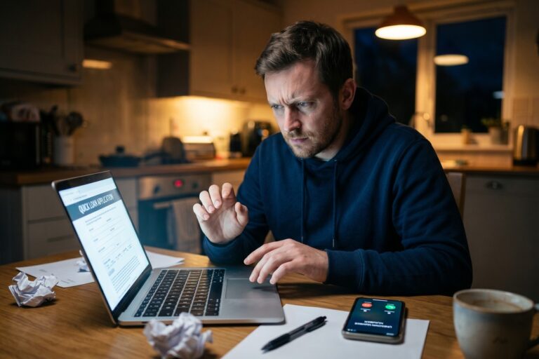 Person reviewing digital lending scams red flags on a laptop before applying for an online loan