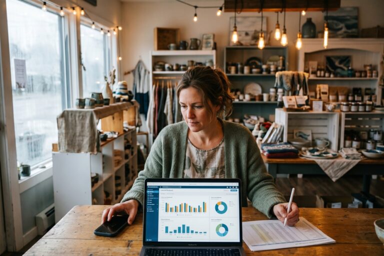 Small business owner reviewing digital lending options on laptop during off-season revenue period
