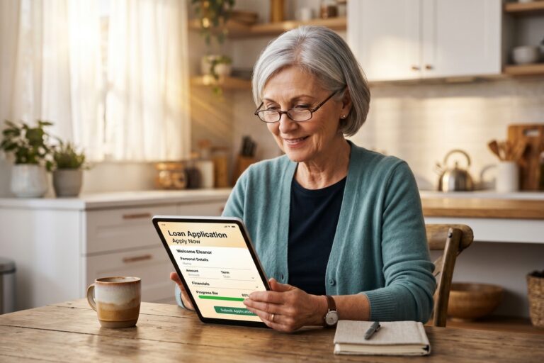 Senior retiree using a tablet to apply for a digital loan at home without visiting a bank branch