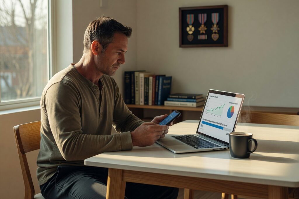 Veteran using a laptop to apply for a digital loan without visiting a traditional bank