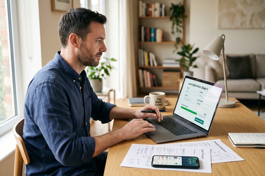 Person applying for a digital loan after bankruptcy on a laptop with credit score chart on screen