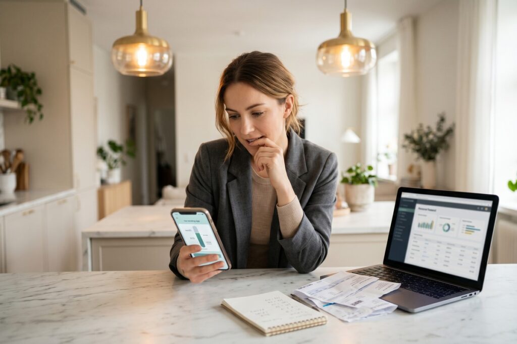 Person reviewing digital loan amount salary based eligibility on laptop with $45000 annual income documents